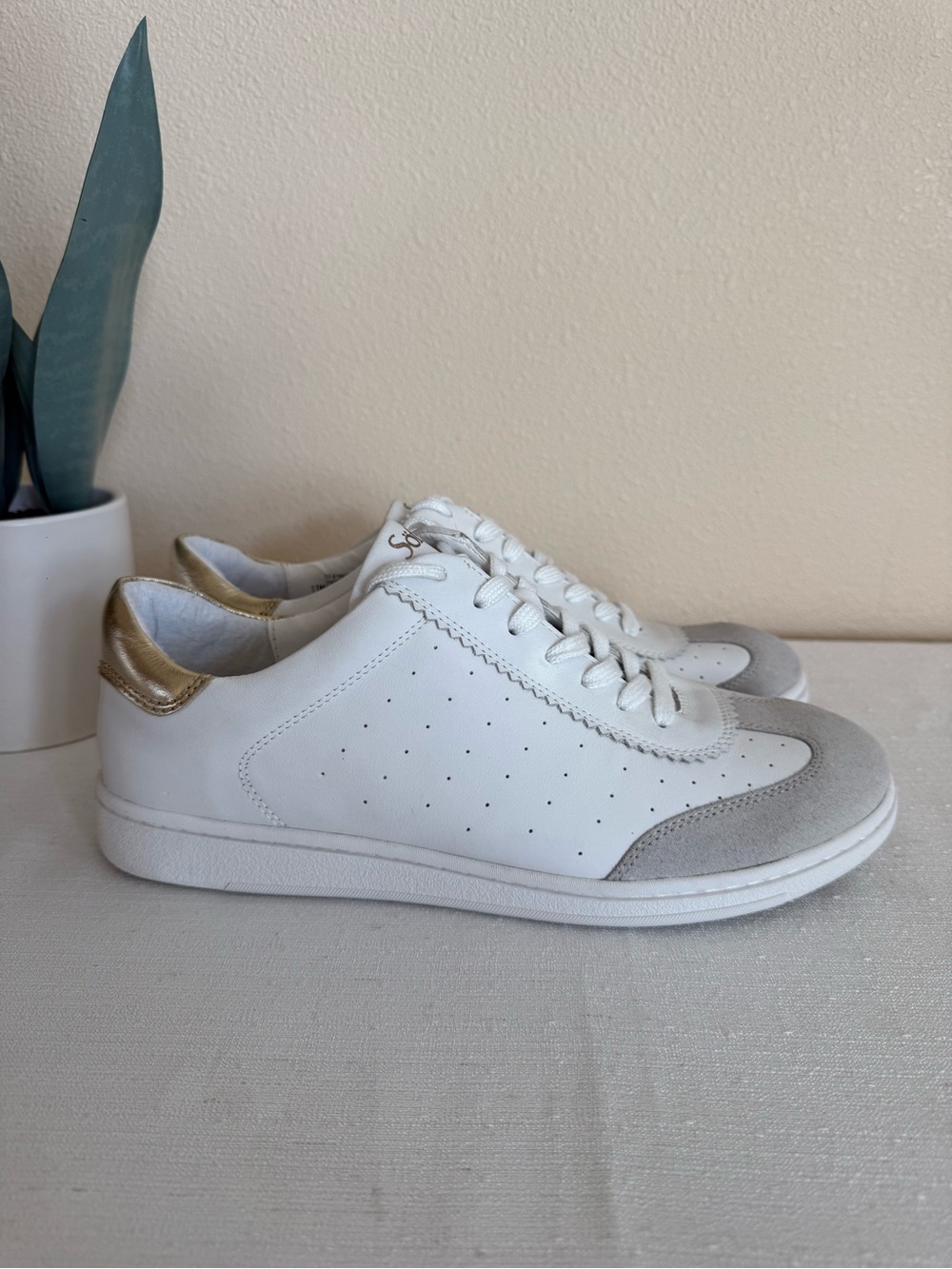 New Sofft White Leather Sneakers with Gray Toe and Gold Heel Accent